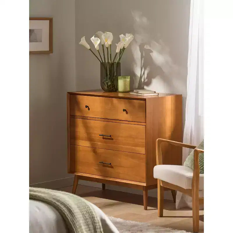 Cassettiera Rettangolare in Legno di Acacia a 3 Cassetti, Finitura Legno Naturale per Camera da Letto e Cabina Armadio