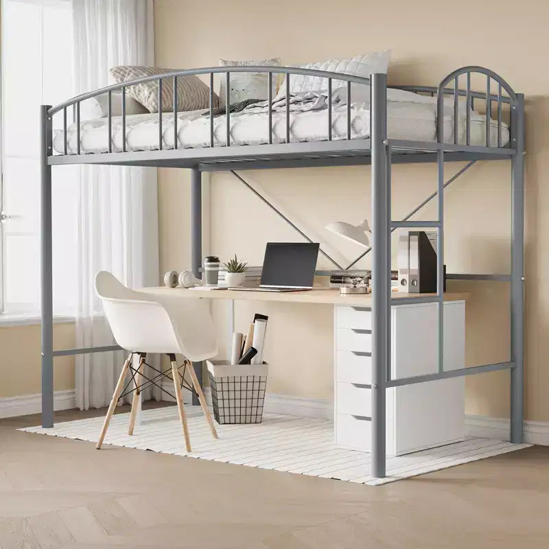 Struttura Letto a Soppalco Singolo in Metallo con Ringhiera ad Arco e Scaletta di Sicurezza, Salvaspazio, Nero