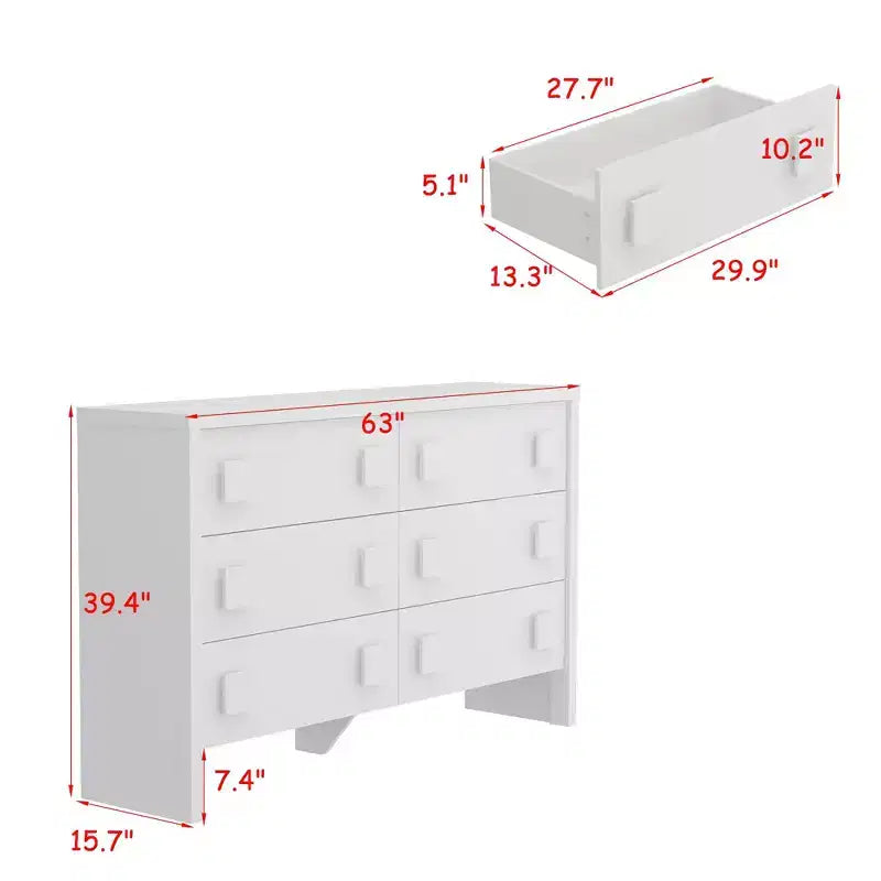 Cassettiera grande bianca a 6 cassetti, comò dal design con doppia maniglia per camera da letto