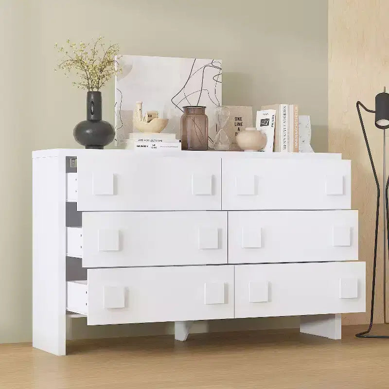 Cassettiera grande bianca a 6 cassetti, comò dal design con doppia maniglia per camera da letto