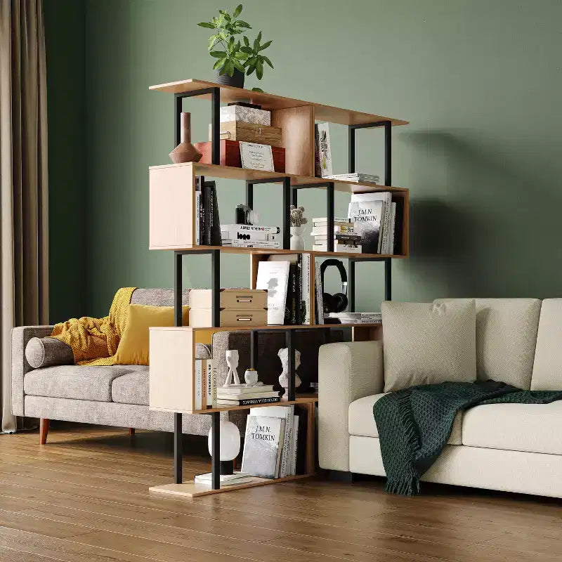Libreria rustica industriale a 6 ripiani con design a giorno, in legno e metallo, 168 cm
