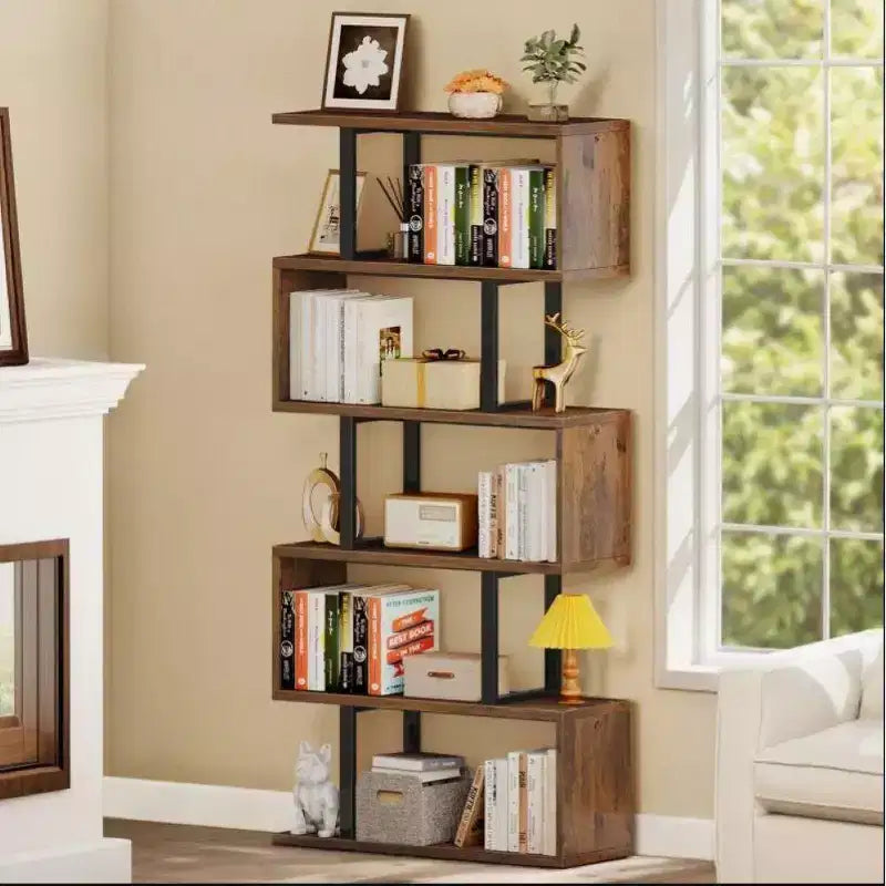 Libreria rustica industriale a 6 ripiani con design a giorno, in legno e metallo, 168 cm