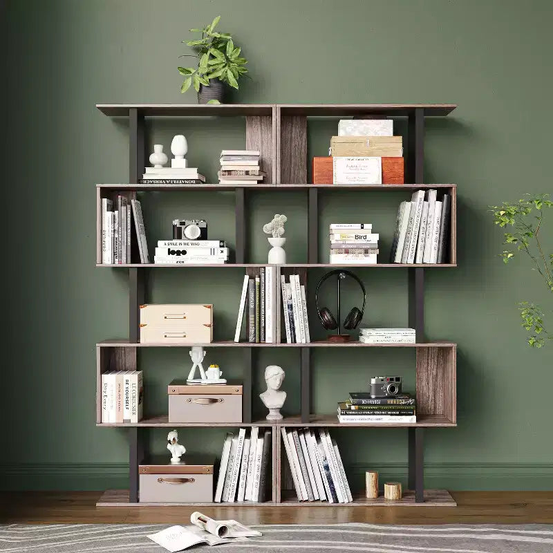 Libreria rustica industriale a 6 ripiani con design a giorno, in legno e metallo, 168 cm