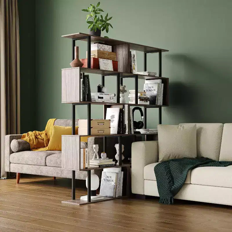 Libreria rustica industriale a 6 ripiani con design a giorno, in legno e metallo, 168 cm