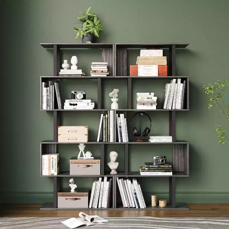 Libreria rustica industriale a 6 ripiani con design a giorno, in legno e metallo, 168 cm