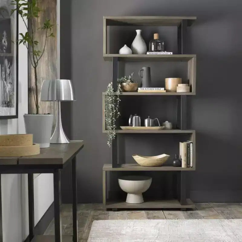 Libreria rustica industriale a 6 ripiani con design a giorno, in legno e metallo, 168 cm
