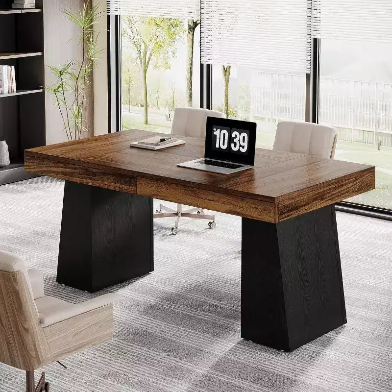 Scrivania direzionale da 55" per ufficio con base a doppio trapezio, workstation da scrittura moderna