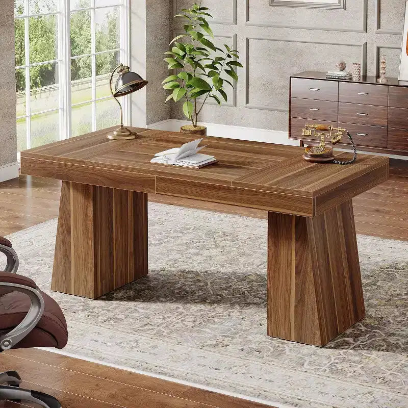 Scrivania direzionale da 55" per ufficio con base a doppio trapezio, workstation da scrittura moderna