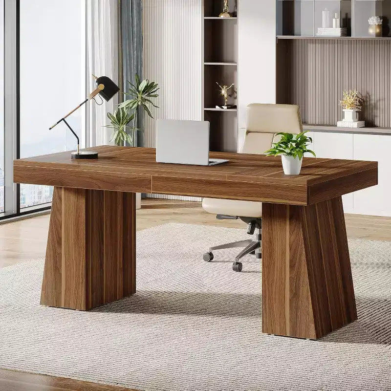 Scrivania direzionale da 55" per ufficio con base a doppio trapezio, workstation da scrittura moderna