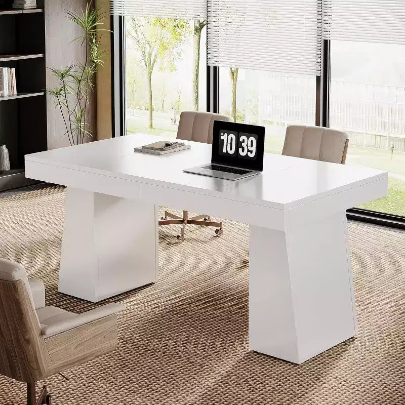Scrivania direzionale da 55" per ufficio con base a doppio trapezio, workstation da scrittura moderna