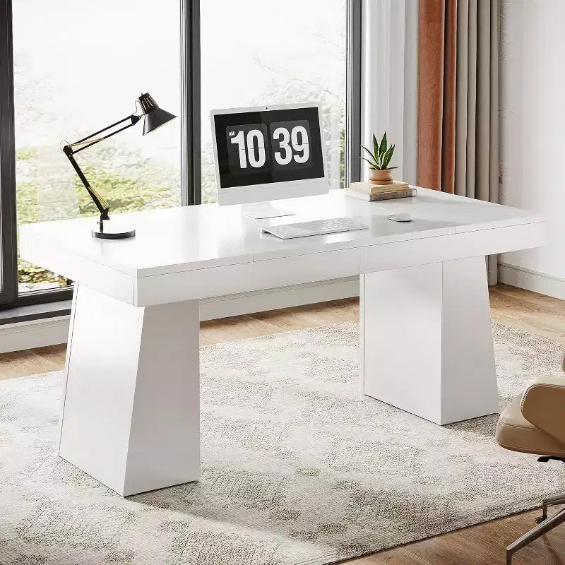 Scrivania direzionale da 55" per ufficio con base a doppio trapezio, workstation da scrittura moderna