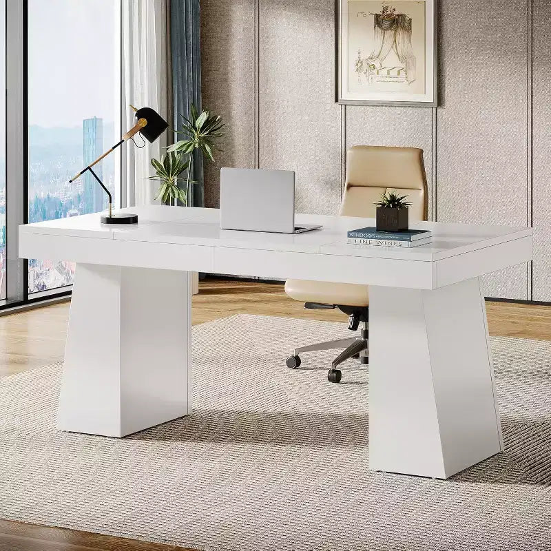 Scrivania direzionale da 55" per ufficio con base a doppio trapezio, workstation da scrittura moderna