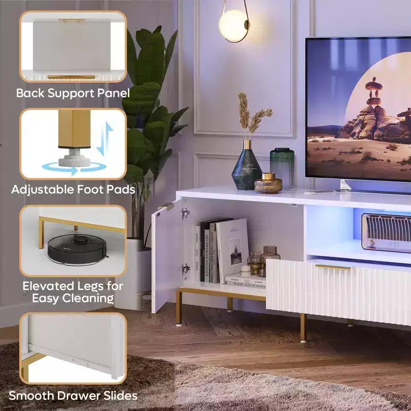 Mobile porta TV LED 55/70" per TV da 60-80", mobile TV lucido con cassetti e ante