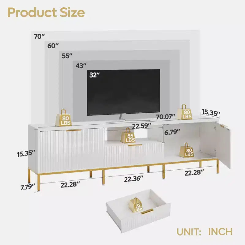 Mobile porta TV LED 55/70" per TV da 60-80", mobile TV lucido con cassetti e ante