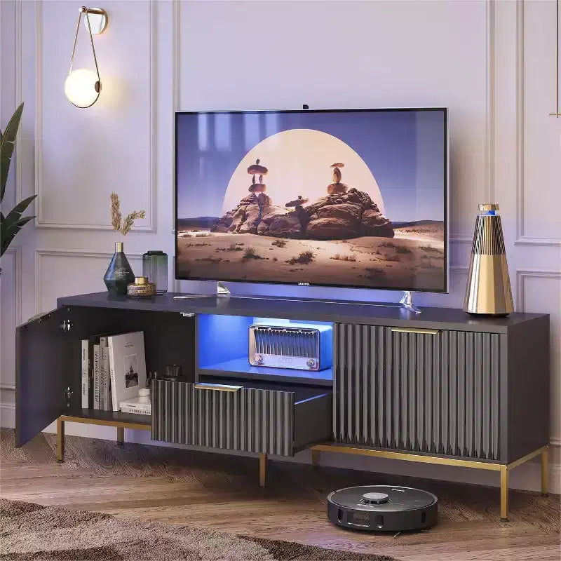 Mobile porta TV LED 55/70" per TV da 60-80", mobile TV lucido con cassetti e ante