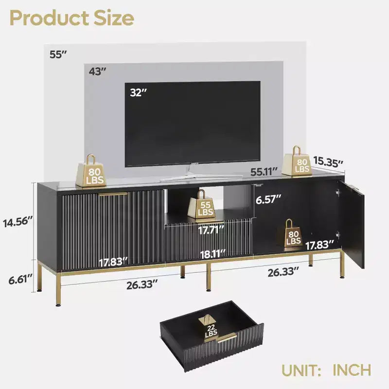 Mobile porta TV LED 55/70" per TV da 60-80", mobile TV lucido con cassetti e ante