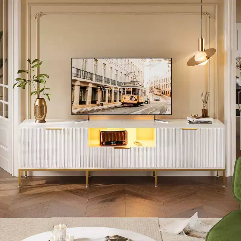 Mobile porta TV LED 55/70" per TV da 60-80", mobile TV lucido con cassetti e ante