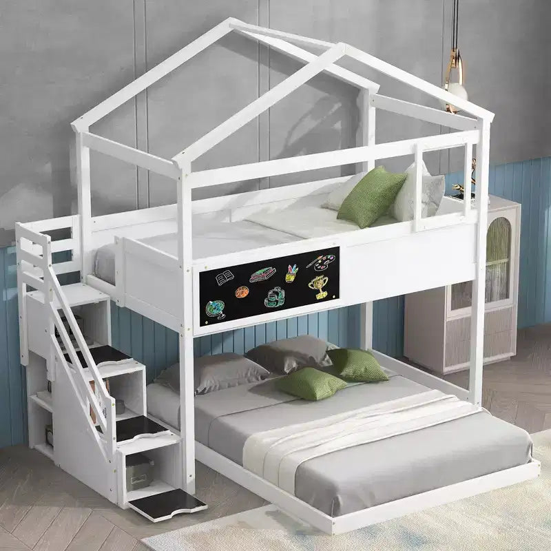 Letto a castello "casa" a due piani con scaletta a cassetti e lavagna, per la camera dei bambini