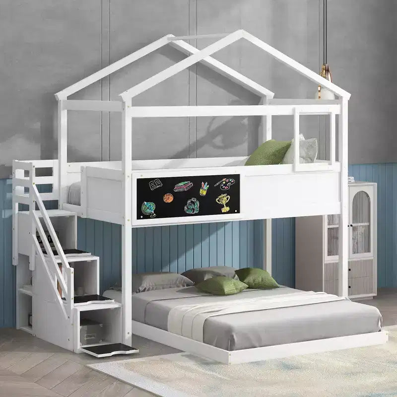 Letto a castello "casa" a due piani con scaletta a cassetti e lavagna, per la camera dei bambini