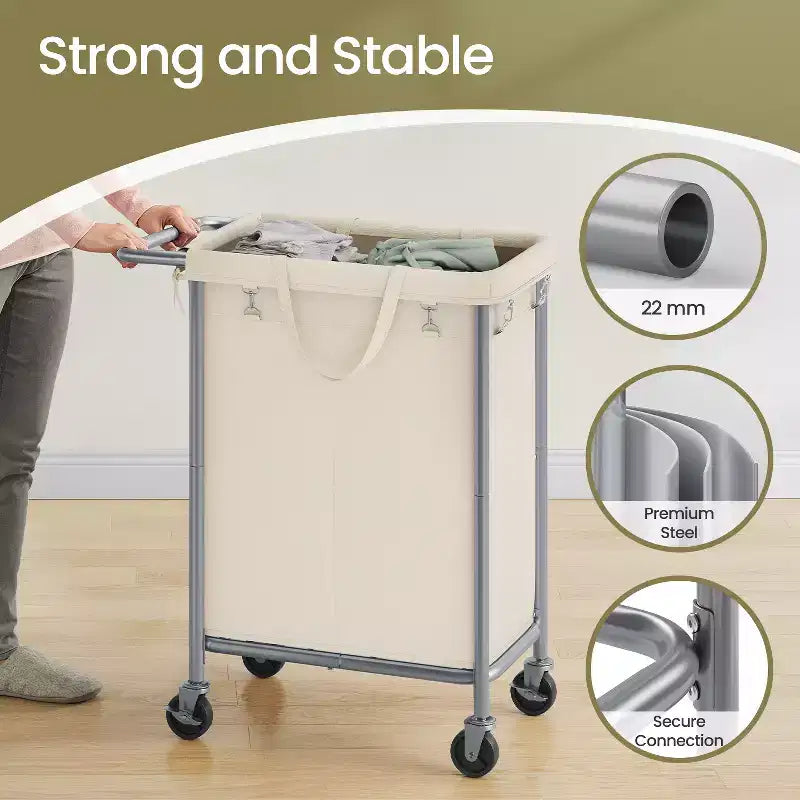 Cesta per biancheria con rotelle a 2 scomparti, 140 litri, cesto portabiancheria, fodera rimovibile, struttura in acciaio con maniglia, 69 x 39 x 81 cm