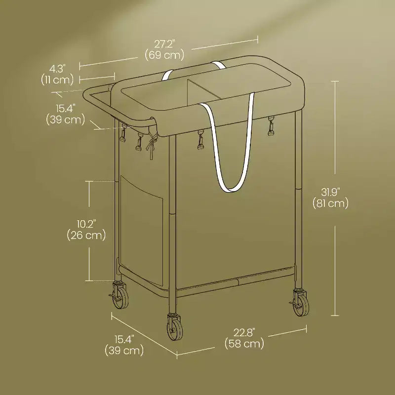 Cesta per biancheria con rotelle a 2 scomparti, 140 litri, cesto portabiancheria, fodera rimovibile, struttura in acciaio con maniglia, 69 x 39 x 81 cm