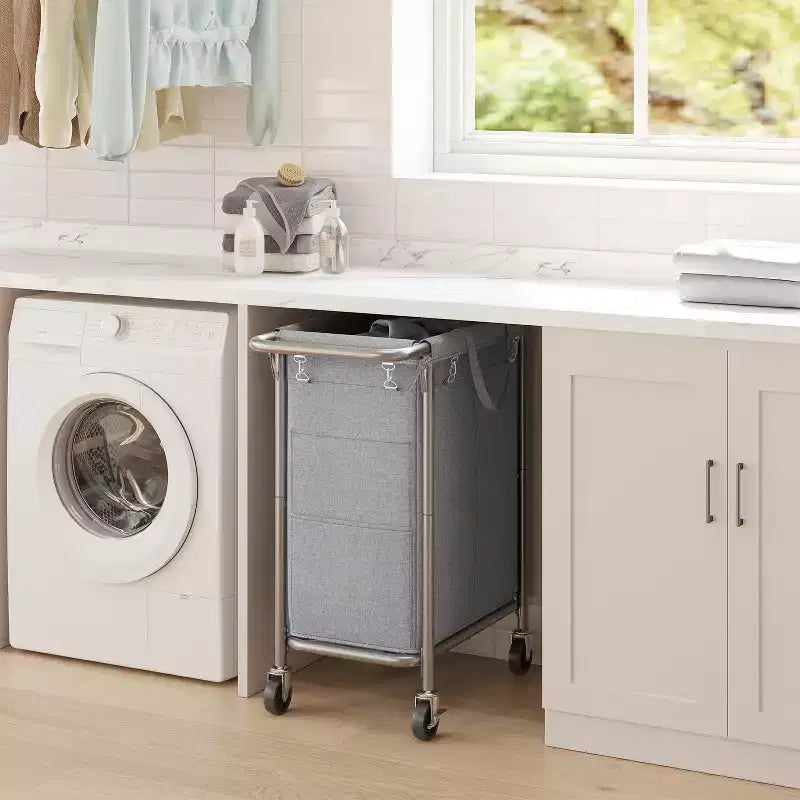 Cesta per biancheria con rotelle a 2 scomparti, 140 litri, cesto portabiancheria, fodera rimovibile, struttura in acciaio con maniglia, 69 x 39 x 81 cm