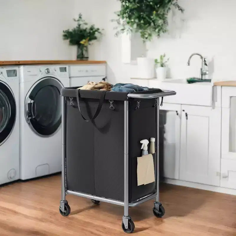 Cesta per biancheria con rotelle a 2 scomparti, 140 litri, cesto portabiancheria, fodera rimovibile, struttura in acciaio con maniglia, 69 x 39 x 81 cm