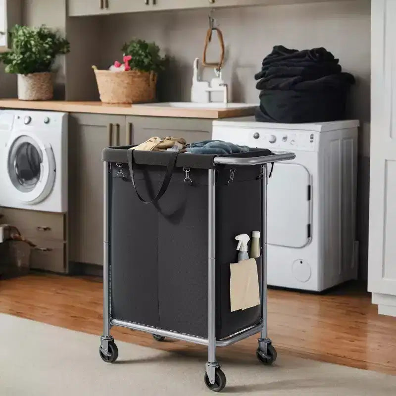 Cesta per biancheria con rotelle a 2 scomparti, 140 litri, cesto portabiancheria, fodera rimovibile, struttura in acciaio con maniglia, 69 x 39 x 81 cm