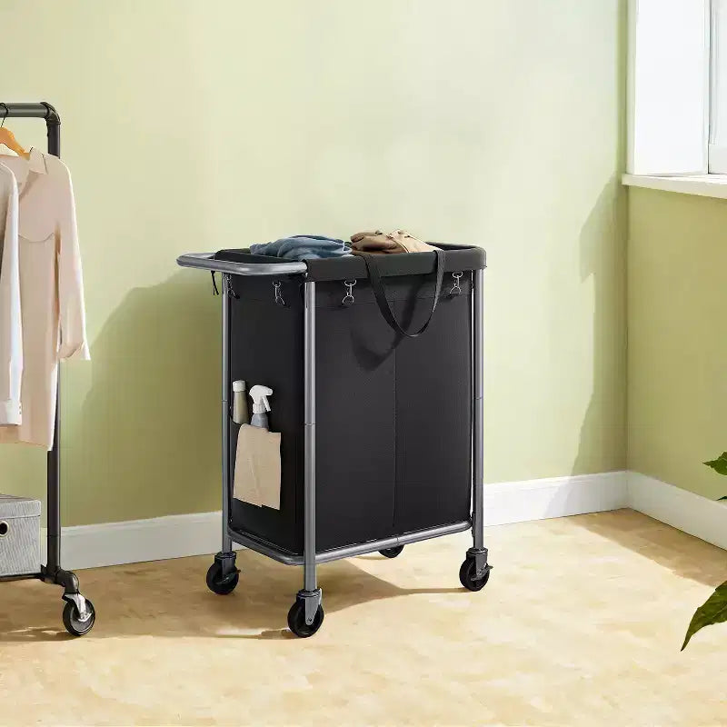 Cesta per biancheria con rotelle a 2 scomparti, 140 litri, cesto portabiancheria, fodera rimovibile, struttura in acciaio con maniglia, 69 x 39 x 81 cm
