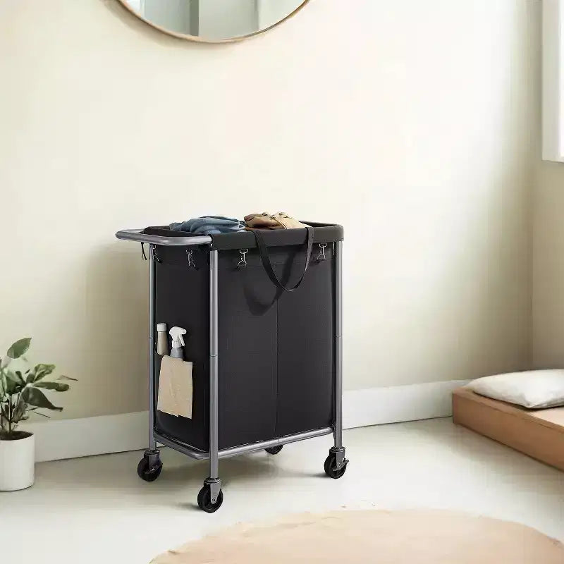 Cesta per biancheria con rotelle a 2 scomparti, 140 litri, cesto portabiancheria, fodera rimovibile, struttura in acciaio con maniglia, 69 x 39 x 81 cm