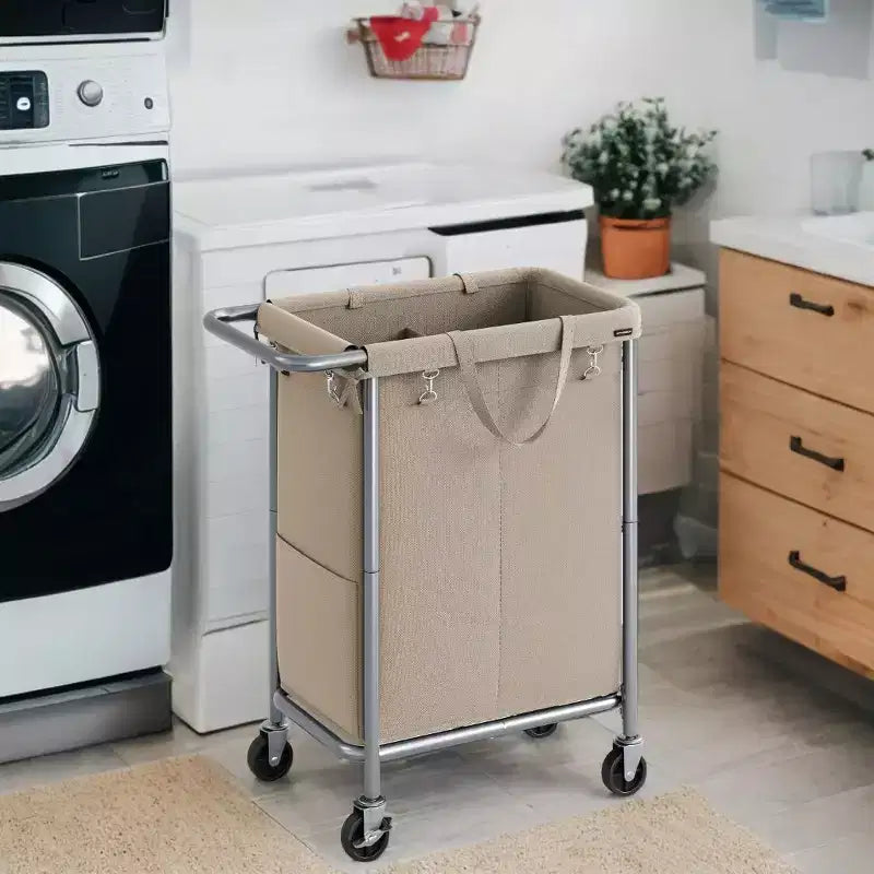 Cesta per biancheria con rotelle a 2 scomparti, 140 litri, cesto portabiancheria, fodera rimovibile, struttura in acciaio con maniglia, 69 x 39 x 81 cm