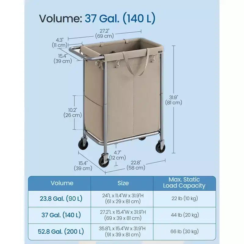 Cesta per biancheria con rotelle a 2 scomparti, 140 litri, cesto portabiancheria, fodera rimovibile, struttura in acciaio con maniglia, 69 x 39 x 81 cm