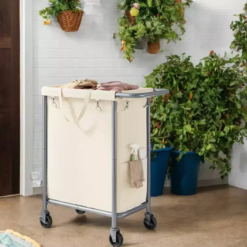 Cesta per biancheria con rotelle a 2 scomparti, 140 litri, cesto portabiancheria, fodera rimovibile, struttura in acciaio con maniglia, 69 x 39 x 81 cm