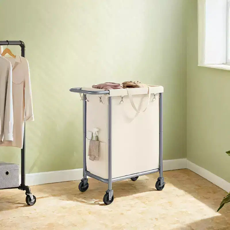 Cesta per biancheria con rotelle a 2 scomparti, 140 litri, cesto portabiancheria, fodera rimovibile, struttura in acciaio con maniglia, 69 x 39 x 81 cm
