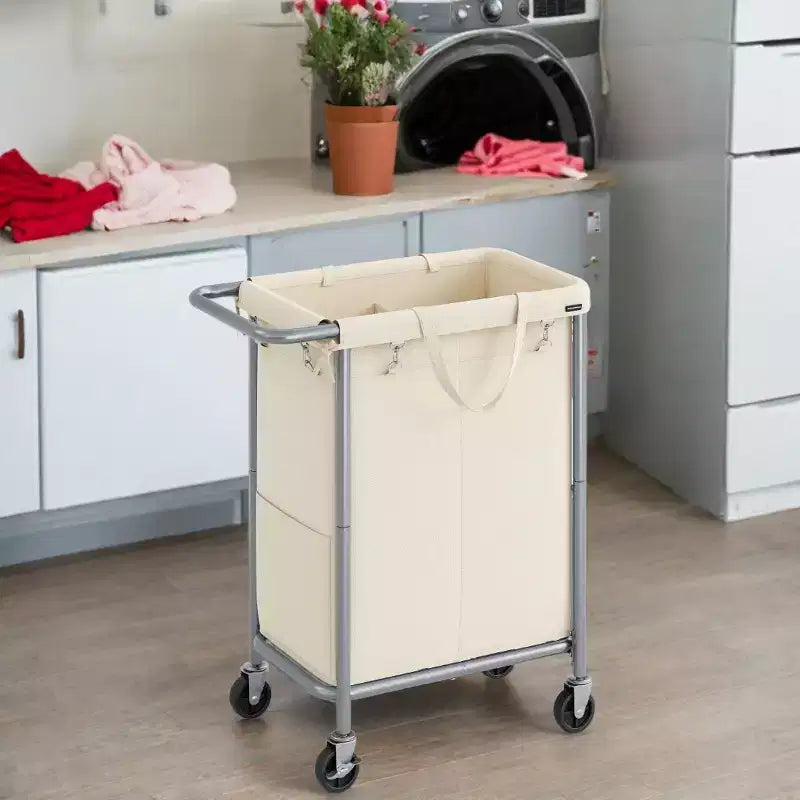 Cesta per biancheria con rotelle a 2 scomparti, 140 litri, cesto portabiancheria, fodera rimovibile, struttura in acciaio con maniglia, 69 x 39 x 81 cm