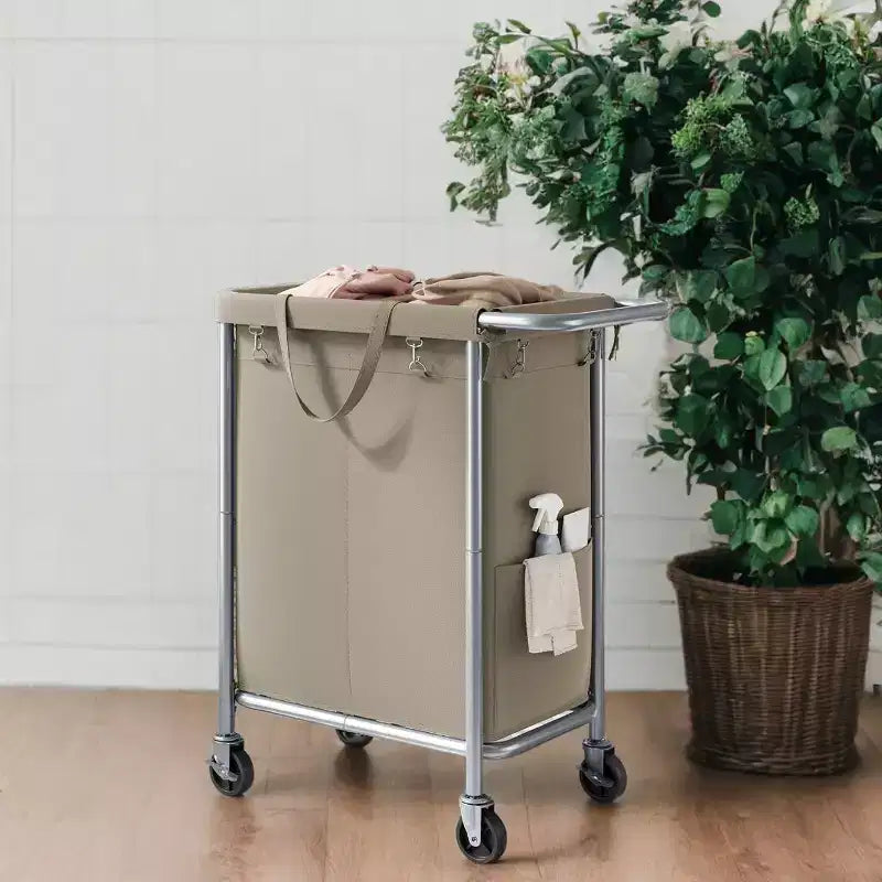 2-Section Rolling Laundry Basket Storage with Wheels, 37 Gallons Laundry Hamper, Removable Liner, Steel Frame with Handle, 27.2 x 15.4 x 31.9 Inches