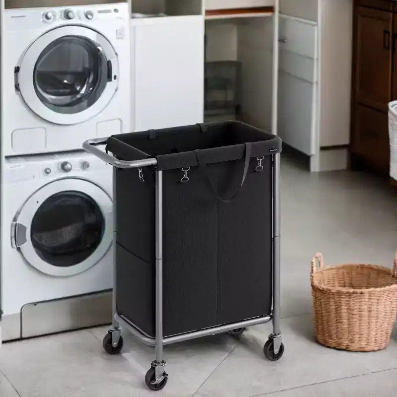 Cesta per biancheria con rotelle a 2 scomparti, 140 litri, cesto portabiancheria, fodera rimovibile, struttura in acciaio con maniglia, 69 x 39 x 81 cm