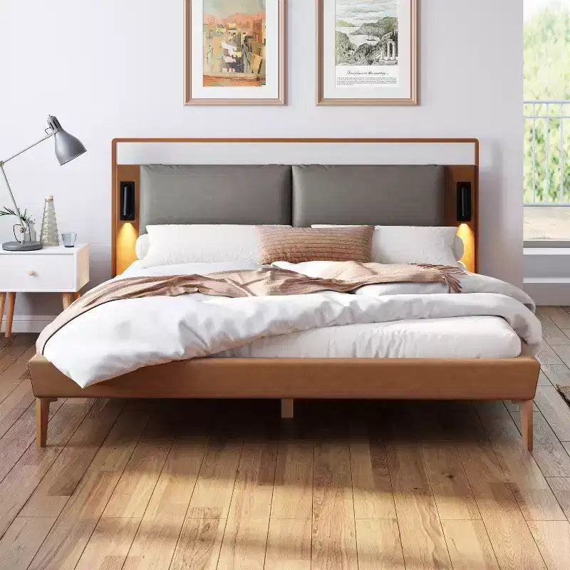 Letto a Piattaforma Contemporaneo in Similpelle con 2 Luci Notturne, Marrone/Grigio, Queen/King