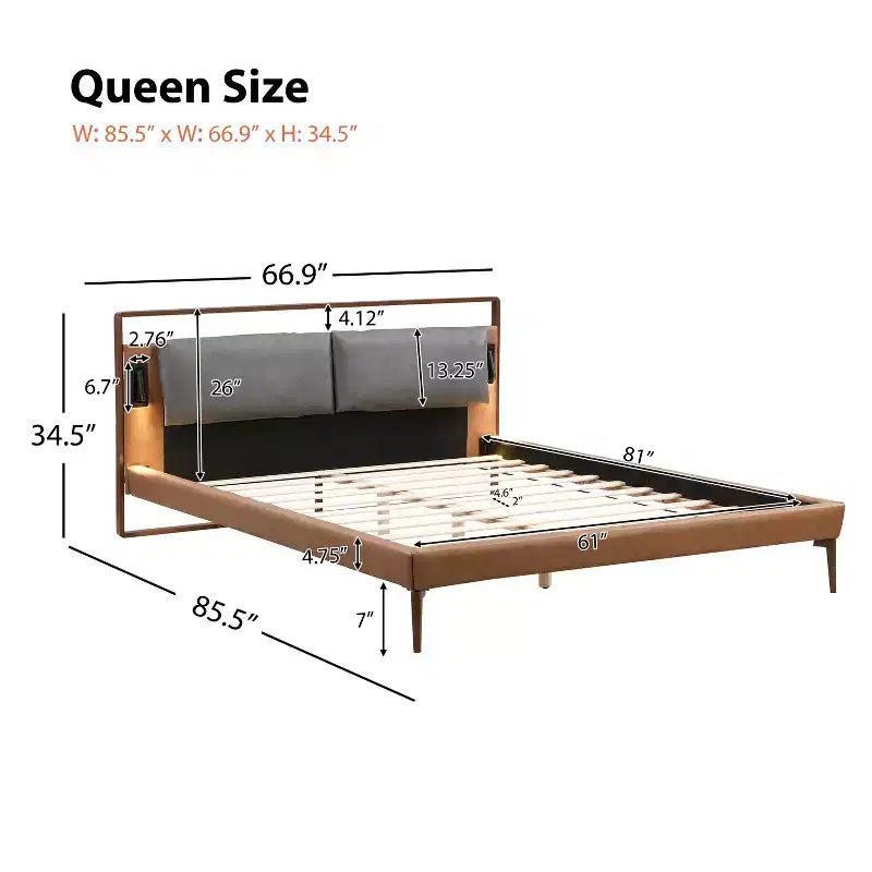 Letto a Piattaforma Contemporaneo in Similpelle con 2 Luci Notturne, Marrone/Grigio, Queen/King