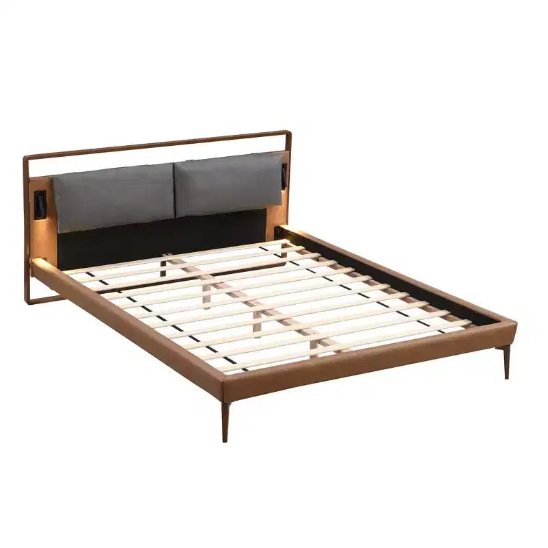 Letto a Piattaforma Contemporaneo in Similpelle con 2 Luci Notturne, Marrone/Grigio, Queen/King