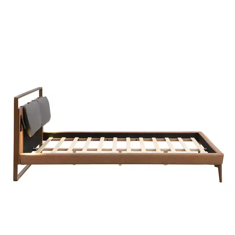 Letto a Piattaforma Contemporaneo in Similpelle con 2 Luci Notturne, Marrone/Grigio, Queen/King