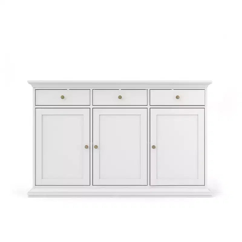 Credenza bianca con 3 ante e 3 cassetti, mobile contenitore moderno per soggiorno e sala da pranzo