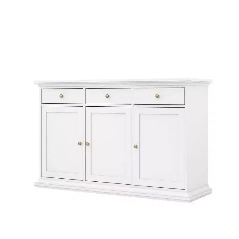 Credenza bianca con 3 ante e 3 cassetti, mobile contenitore moderno per soggiorno e sala da pranzo