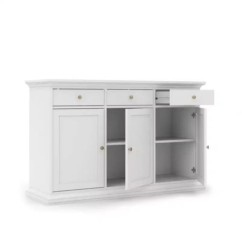Credenza bianca con 3 ante e 3 cassetti, mobile contenitore moderno per soggiorno e sala da pranzo