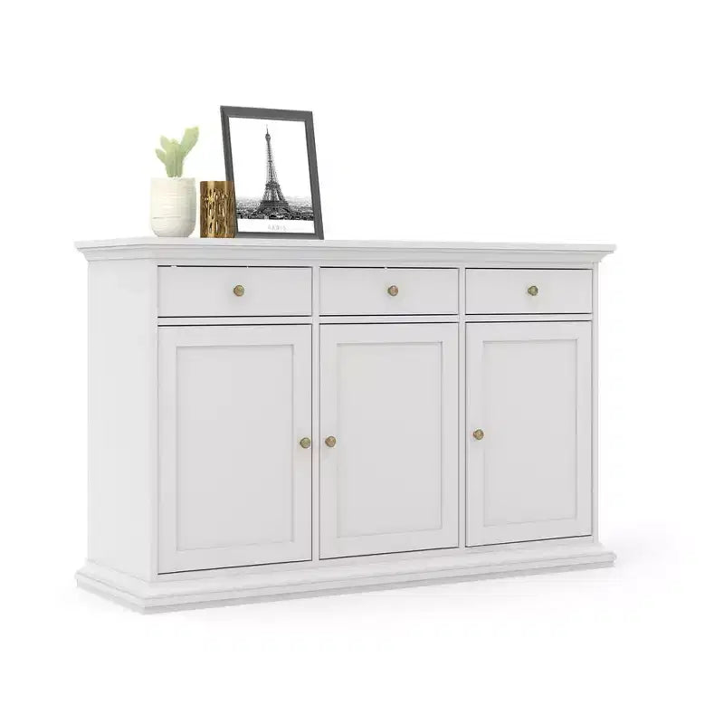 Credenza bianca con 3 ante e 3 cassetti, mobile contenitore moderno per soggiorno e sala da pranzo
