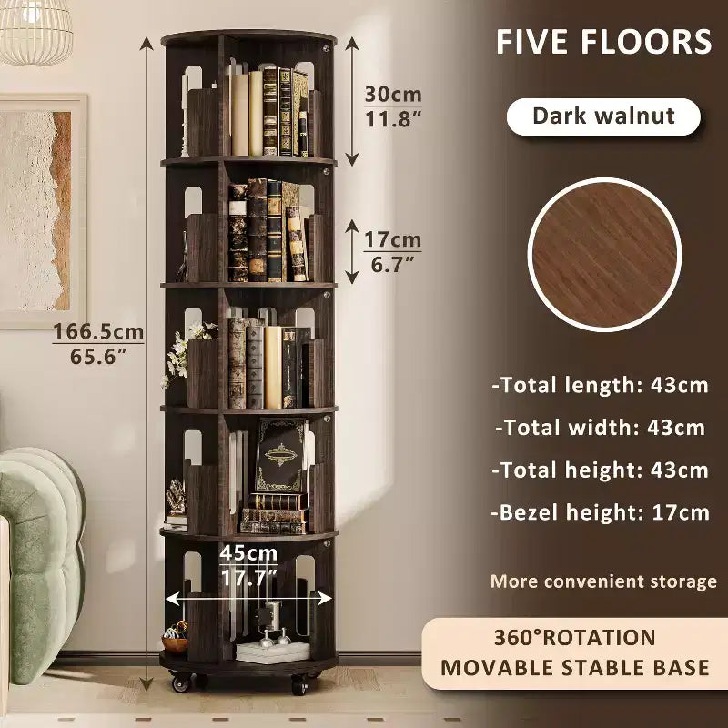 Libreria a torre rotante a 360° da 45 cm, libreria angolare girevole noce scuro Mid-Century