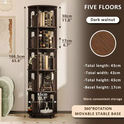 Libreria a torre rotante a 360° da 45 cm, libreria angolare girevole noce scuro Mid-Century