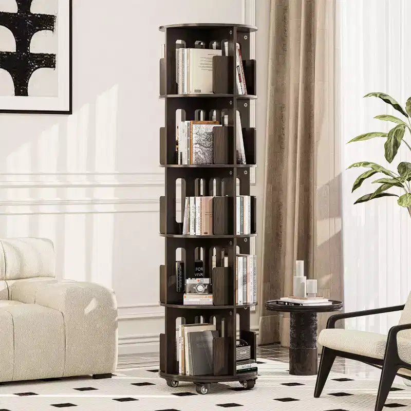 Libreria a torre rotante a 360° da 45 cm, libreria angolare girevole noce scuro Mid-Century