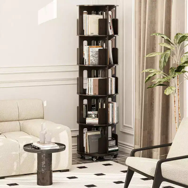 Libreria a torre rotante a 360° da 45 cm, libreria angolare girevole noce scuro Mid-Century