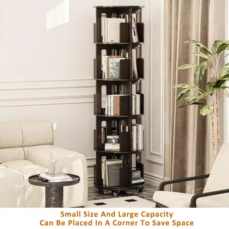 Libreria a torre rotante a 360° da 45 cm, libreria angolare girevole noce scuro Mid-Century